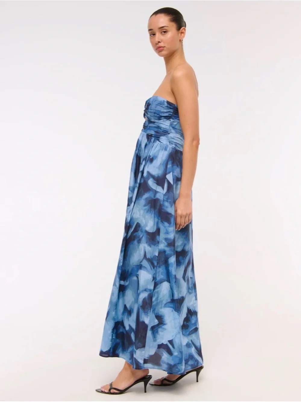 Abercrombie & Fitch Blue Watercolor Strapless Ring-Detail Maxi